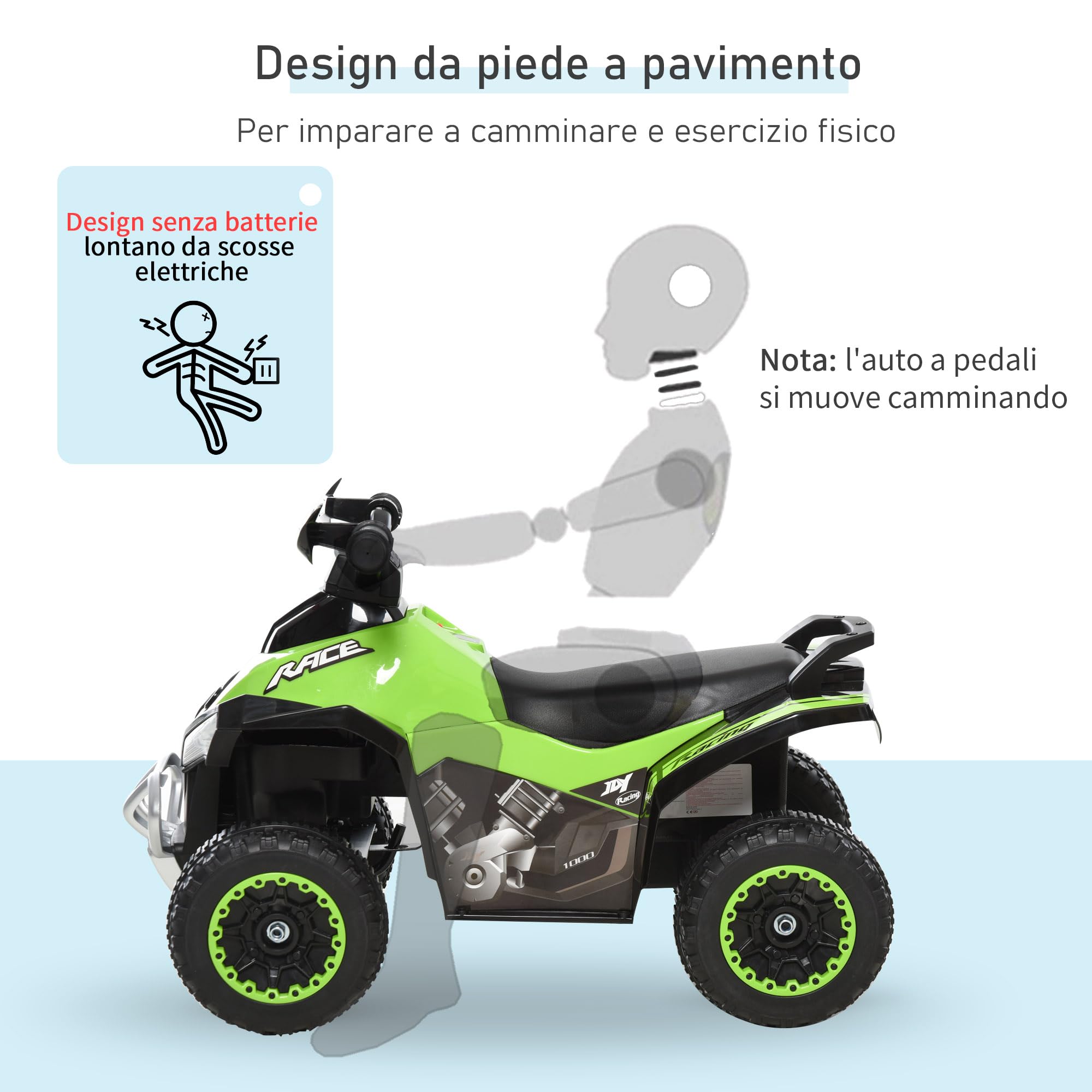 HOMCOM Macchina Cavalcabile per Bambini 18-36 Mesi in PP e Metallo, Mini Quad per Bambini a Spinta Manuale con Musiche Integrate, Fari Funzionanti e Manubrio Ampio, 67.5x38x44cm, Verde
