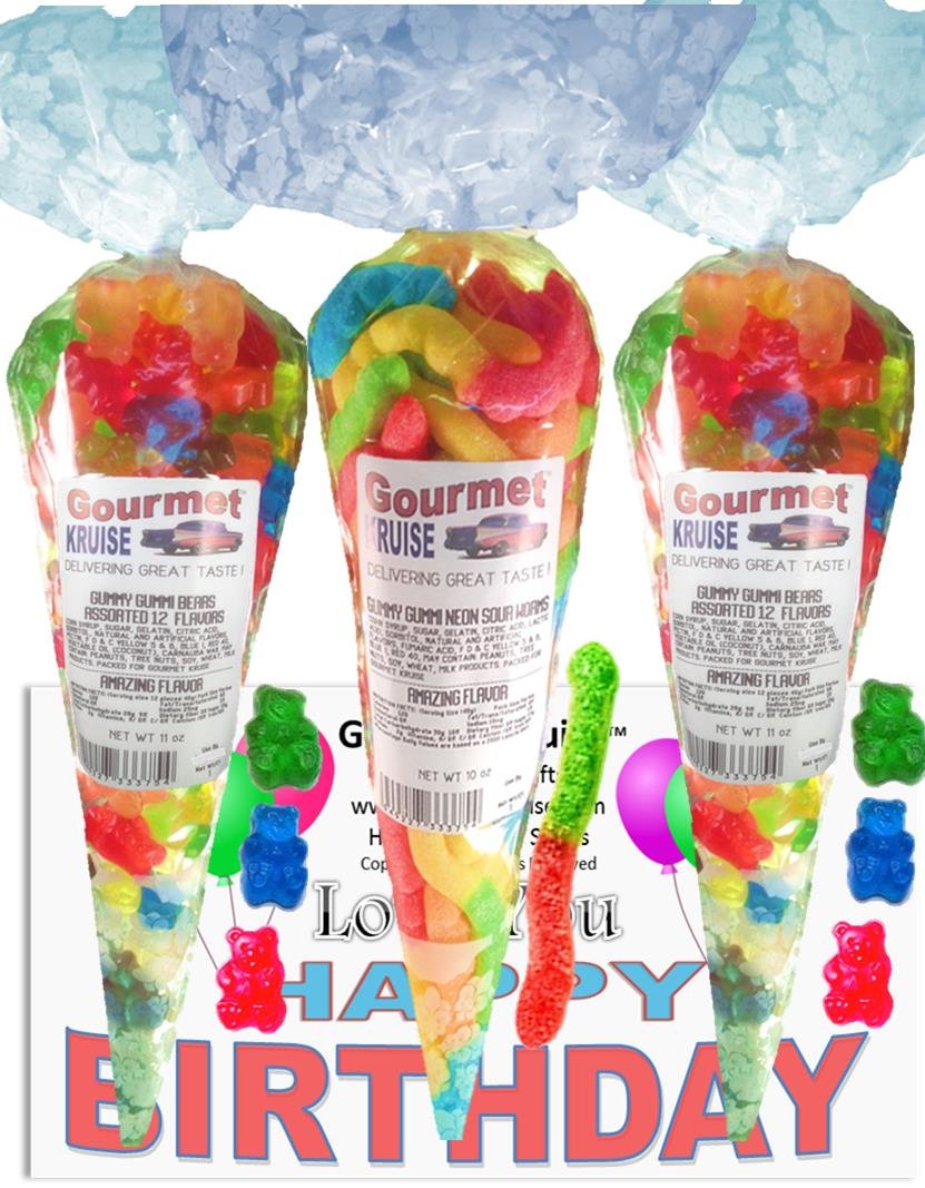 Love You Happy Birthday Series 12 Flavor Bears And Sour Worms Gummy Gummi (NET WT 32 OZ) (Pack of 3) In 1 Box Gourmet Kruise Signature Gift Bags