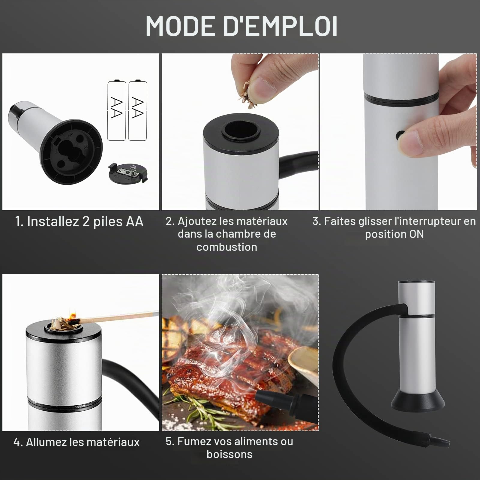 BORUIT Fumeur Portable Infusion Fumée Fraîche pour Améliorer Le Goût Smoke Fumeur Pistolet à Viande Fumée Pistolet Portatif avec des Copeaux De Bois pour La Nourriture, La Viande, Les Fromages