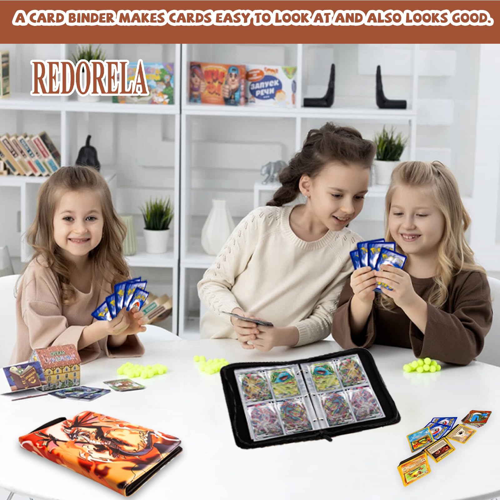 REDORELA Trading-Card-Binder 4 Pockets for Pokemon-Card-Binder Waterproof Album for Cards with Zipper Collectible Holders Sports & Game Cards Folder Portable with Wristband (Bright Orange 400Slots) - Image 3