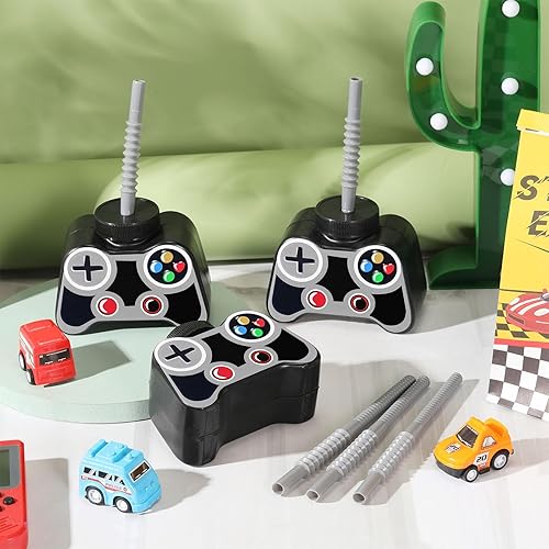 Miniatura 4 de Mifoci 12 vasos de plástico para videojuegos con popote y tapa, tazas de fiesta de cumpleaños de 10 onzas, tazas para videojuegos, regalos de fiesta