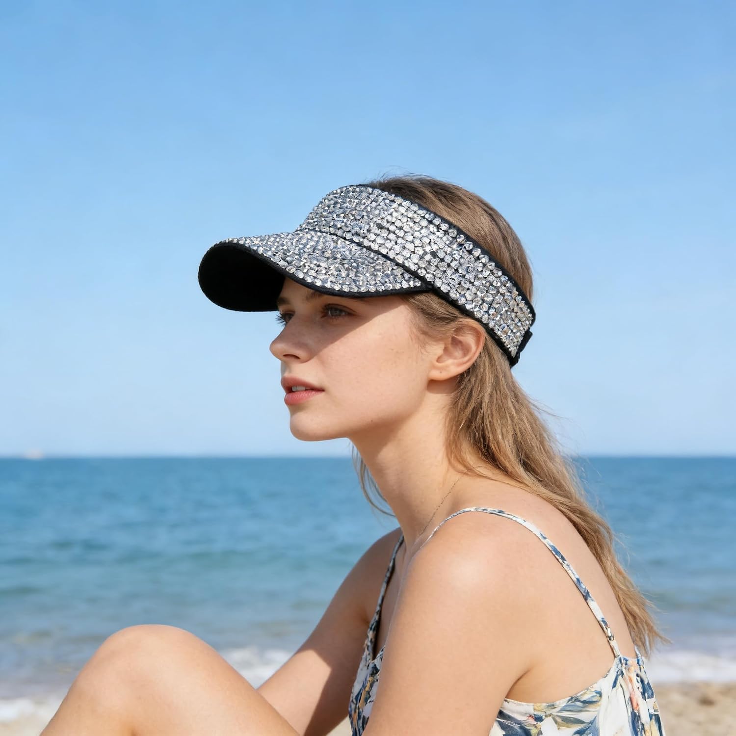 Shiny Rhinestones Bling Sport Sun Visor Adjustable Summer Decorative Visor Cap for Women Men