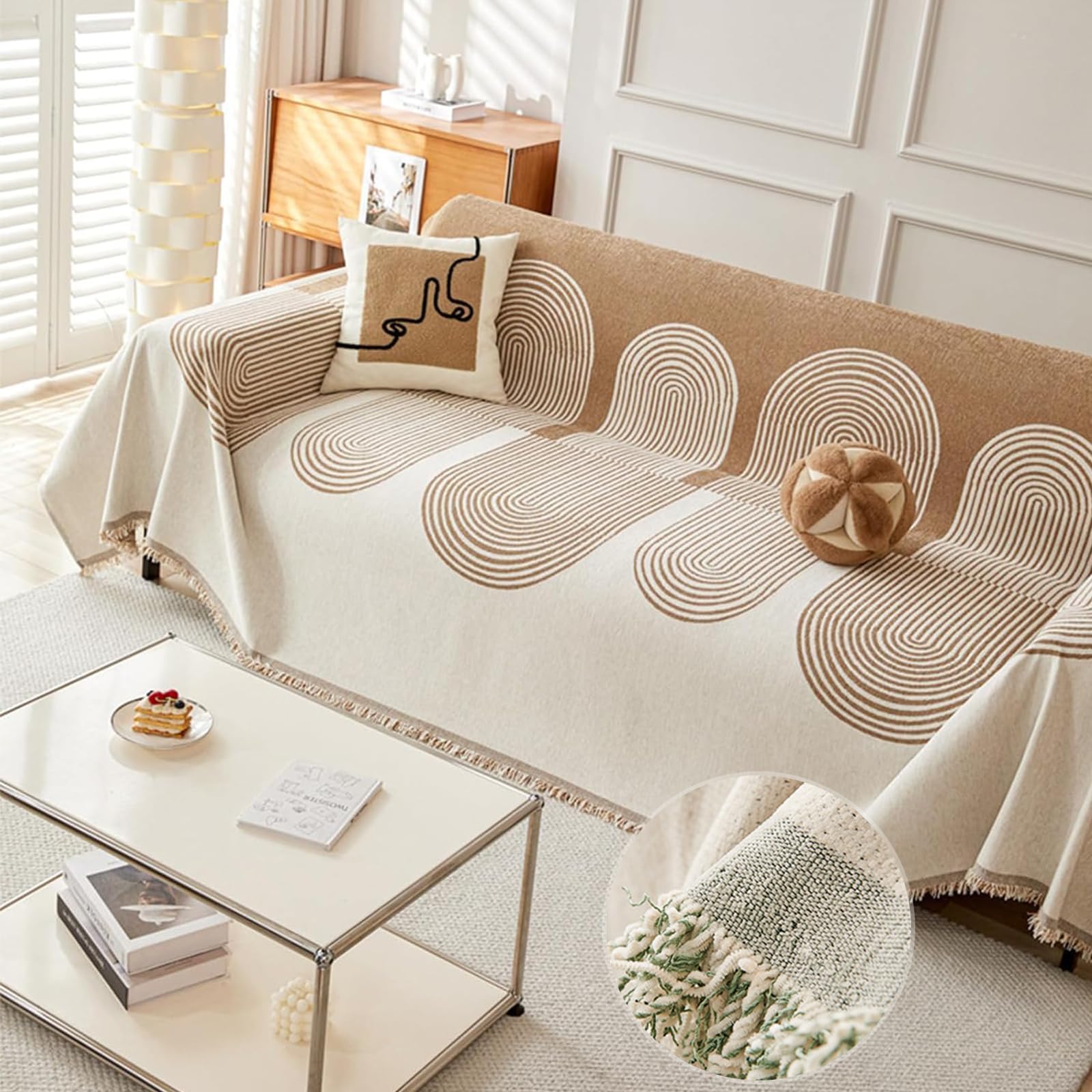 Double Sided Chenille Sofa Cover Towel, Four Seasons Sofa Cover Available Both Sides (Beige, 180x180cm)