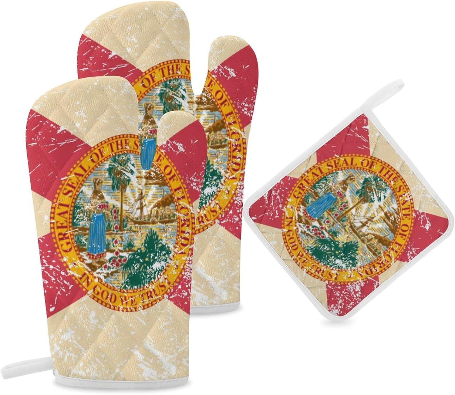 Florida State Flag Print Oven Mitts and Pot Holders 3 Piece Sets Heat Resistant Gloves Hot Pads Potholders for Kitchen Baking Cooking