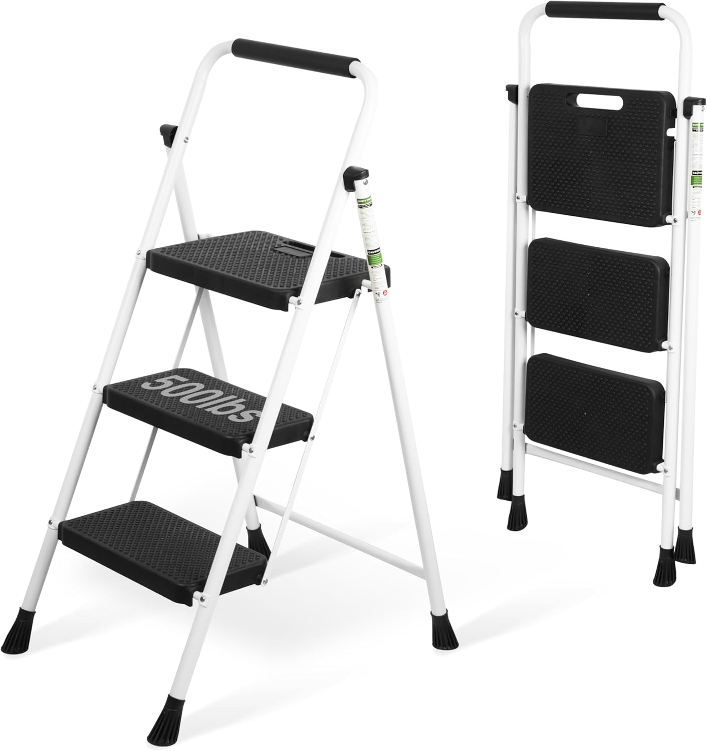 3 Step Ladder, Portable Steel Folding Step Stool with Wide Anti-Slip Pedal & Convenient Handgrip, 500lbs Sturdy Steel Ladder, White 3-Step (White)