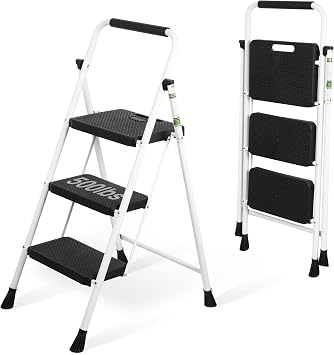Arbusb Step Ladder, Folding Step Stool with Wide Anti-Slip Pedals, Sturdy Steel Ladder with Handrail, Space-Saving, Portable for Home & Adults, 3 Step White