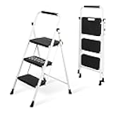 3 Step Ladder, Portable Steel Folding Step Stool with Wide Anti-Slip Pedal & Convenient Handgrip, 500lbs Sturdy Steel Ladder, White