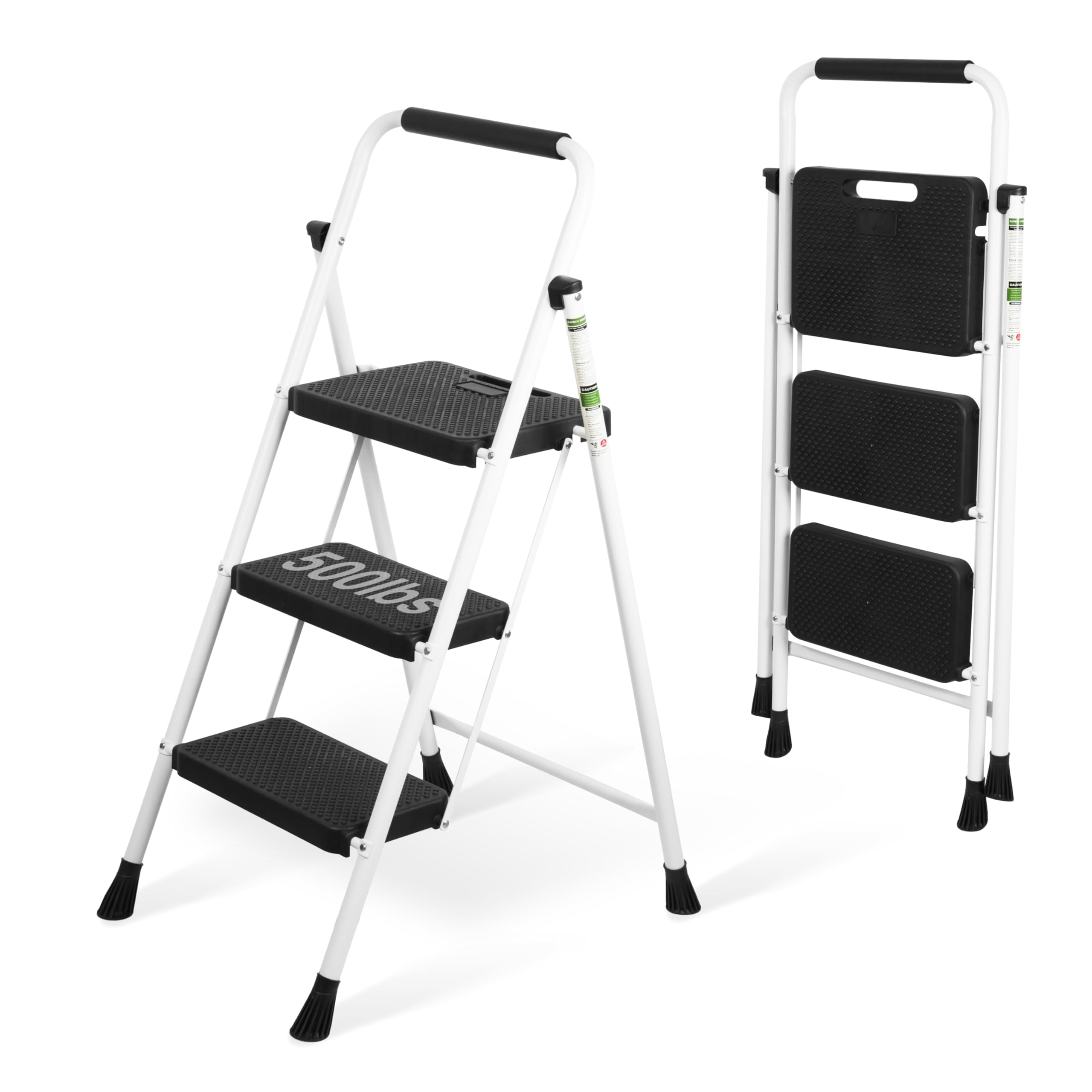 3 Step Ladder, Portable Steel Folding Step Stool with Wide Anti-Slip Pedal & Convenient Handgrip, 500lbs Sturdy Steel Ladder, White