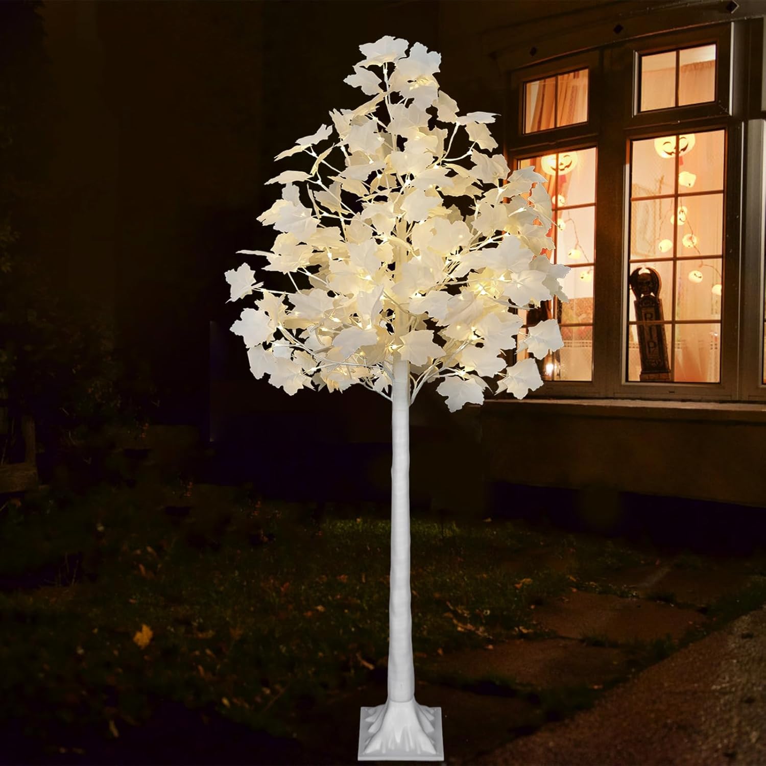 5FT 96LED Lighted Maple Tree with White Leaves, Dual-Tone Lights (Cold & Warm White), Artificial Tree for Home, Festival, Party Indoor and Outdoor