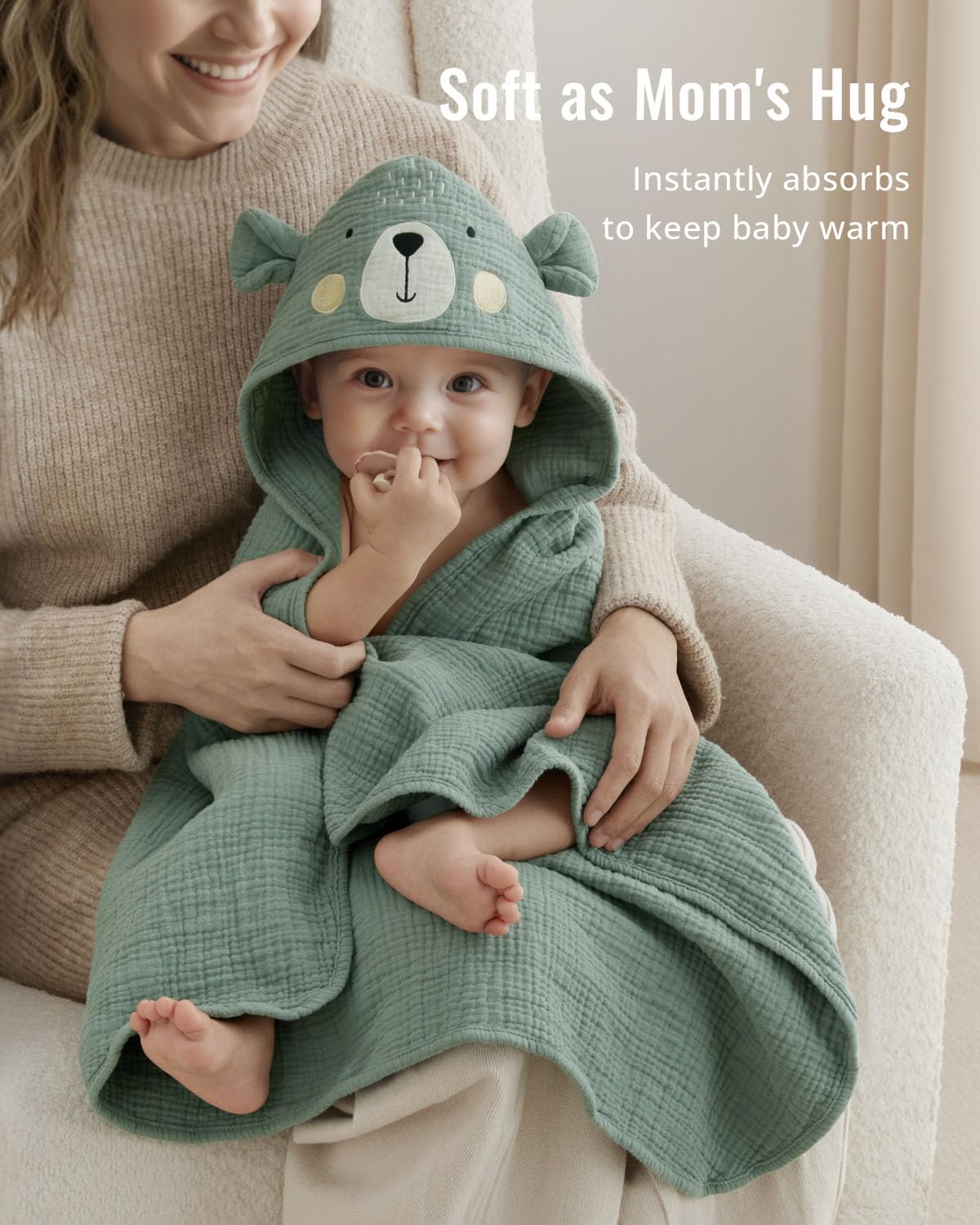 Blissful Diary Muslin Baby Hooded Towel, Soft and Absorbent Bath Towel for Newborn Infant, Toddler, Unisex, 32″x32″ - Smart Bear - Image 3
