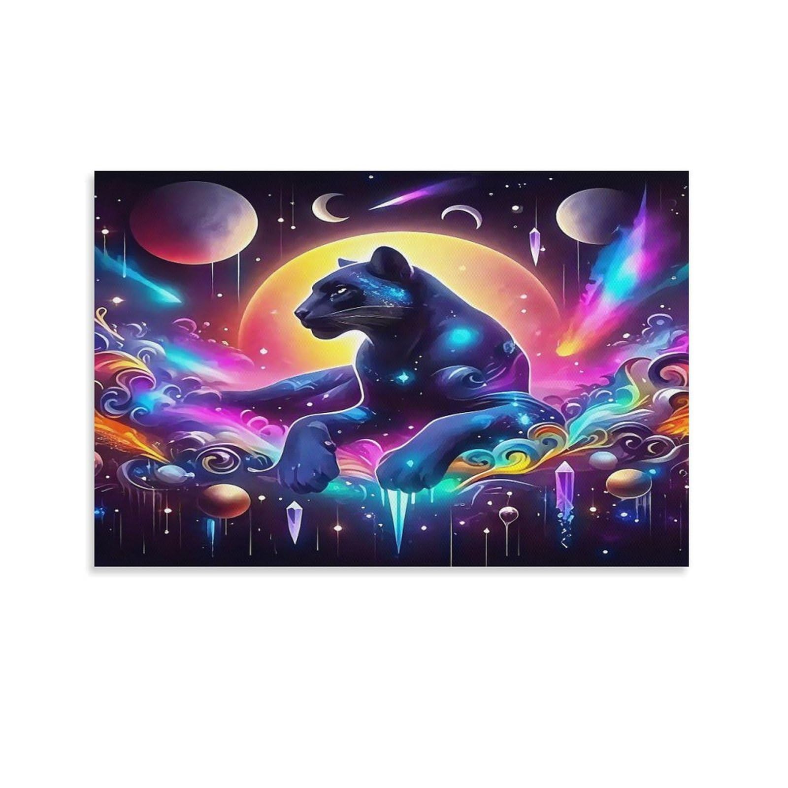 CPLVKWRQJ Snow Leopard with Cosmic Landscape Single Cosmic Neon Panther Starry Galaxy Backdrop Canvas Wall Art - Nursery Canvas Wall Hanging Space Saving Ready to Hang Decor 24x36inch(60x90cm)