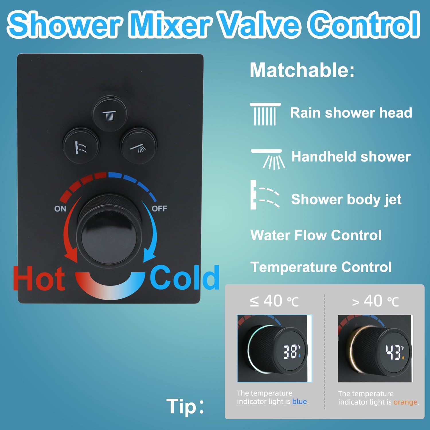 Shower Mixer Valve Control with temperature indicator light tips
