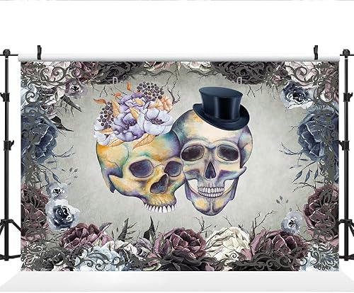 Miniatura 2 de Lofaris Telón de fondo de Halloween Till Death Do Us Part de 5 x 3 pies, diseño de calavera de terror, flor, calavera, boda, despedida de soltera,