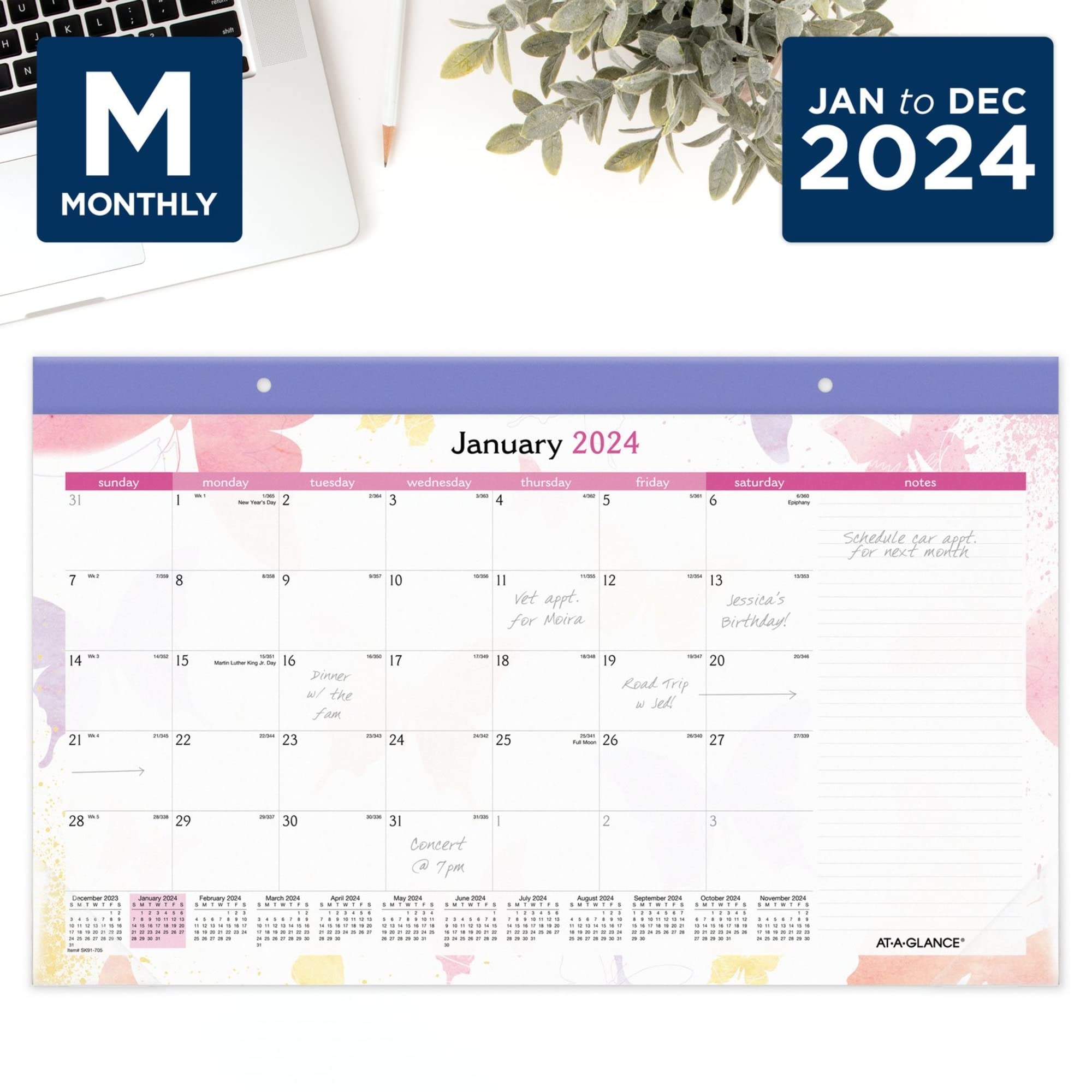 AT-A-GLANCE® Monats-Schreibtischunterlage für 2024, Aquarellfarben, 44,5 x 27,9 cm, 100 % recycelt, Januar bis Dezember 2024, SK91-70