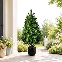 THKFUL Artificial Boxwood Topiary Trees Potted Plants for Front Door - 27.6" Pathway Fake Flowers Tree with Pots,Realistic Faux Shrubs Outdoor Indoor,UV Resistant for Pathway,Porch,Garden Decor