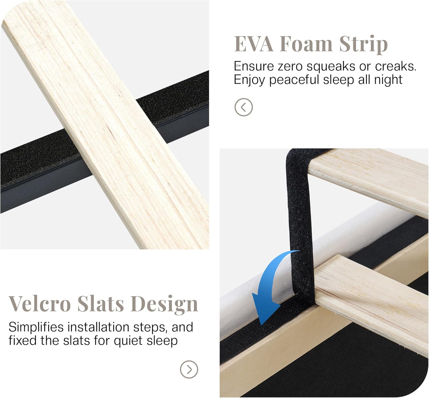 Close-up showing an EVA foam strip on a slat and a Velcro strap securing slats to the frame, designed to prevent squeaks and simplify installation.