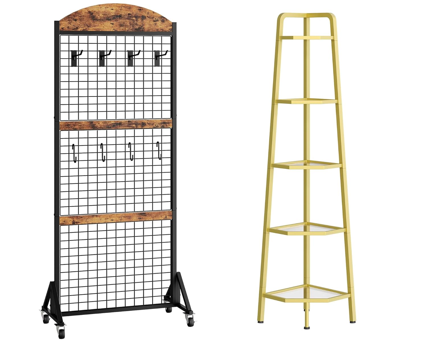 Grid Wall Panel 5.7’ x 2’ FT Grid Display Rack, 5-Tier Corner Shelf, 59.6” Corner Storage Stand, Floorstanding Dispaly Rack, Glass Corner Bookshelf for Living Room, Bedroom, Study