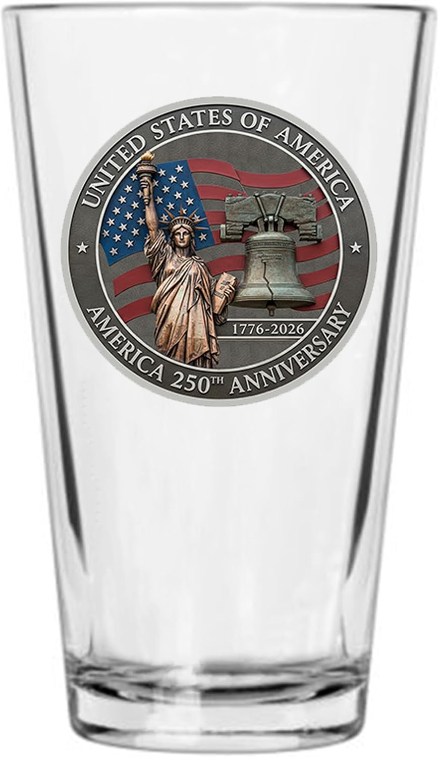 Rogue River Tactical 250th Anniversary USA Flag Patriotic Glass Drinking Cup Pint 16oz Pub Gift For Any Patriotic American USA Flag 1776-2026 Semiquincentennial (Eagle Head)