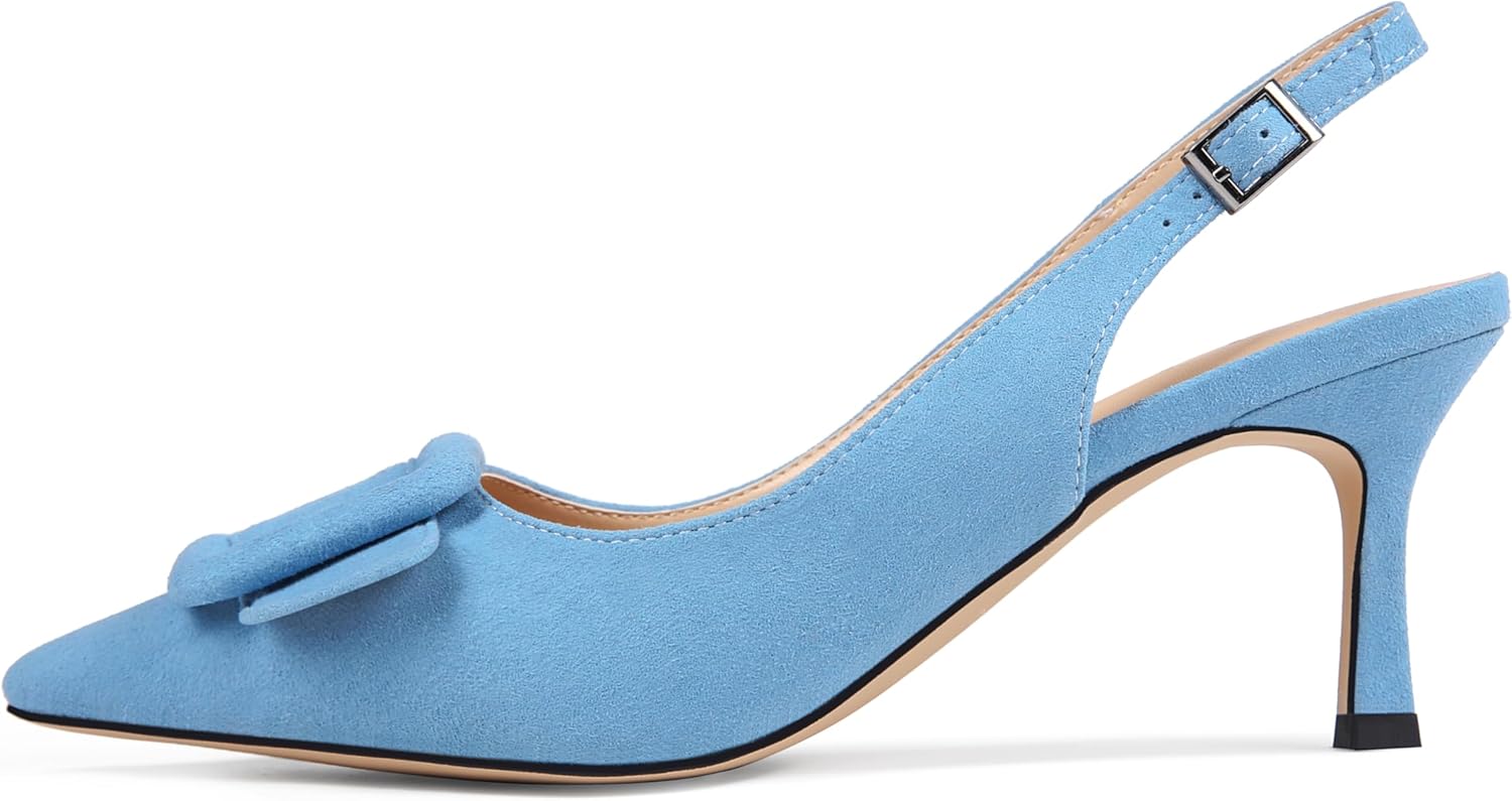 Womens Slingback Kitten Heels Closed Pointed Toe Sling Back Pumps Square Buckle Wedding Party Casual Dress Shoes