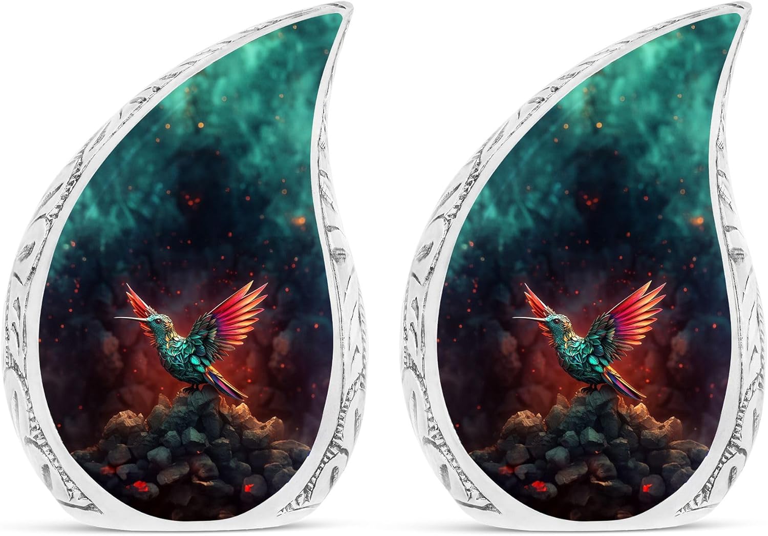 Hummingbird with Red Background - Teardrop Cremation Urn for Adults, 2 Small Ashes Urns, 200g Each - For Males & Females - 3 Inch, Funeral Urn