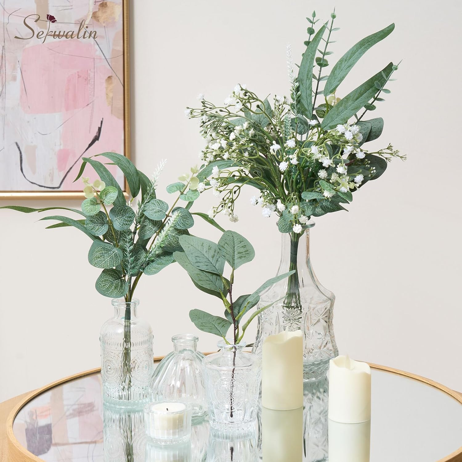 Serwalin 90 Pcs 7 Kinds Mixed Artificial Eucalyptus Greenery Stems, Baby Breath Flowers Artificial with Faux Leaves for DIY Bouquets Wedding Floral Centerpieces Vase Table Home Decor