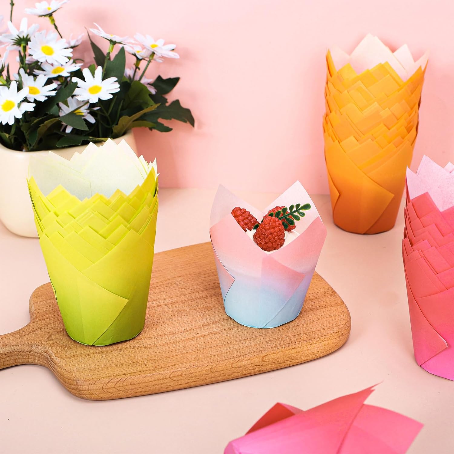 Whaline 200Pcs Bicolor Gradient Tulip Cupcake Liners Greaseproof Baking Cups Spring Easter Muffin Cupcake Wrappers for Bridal Shower Wedding Birthday Party Decor