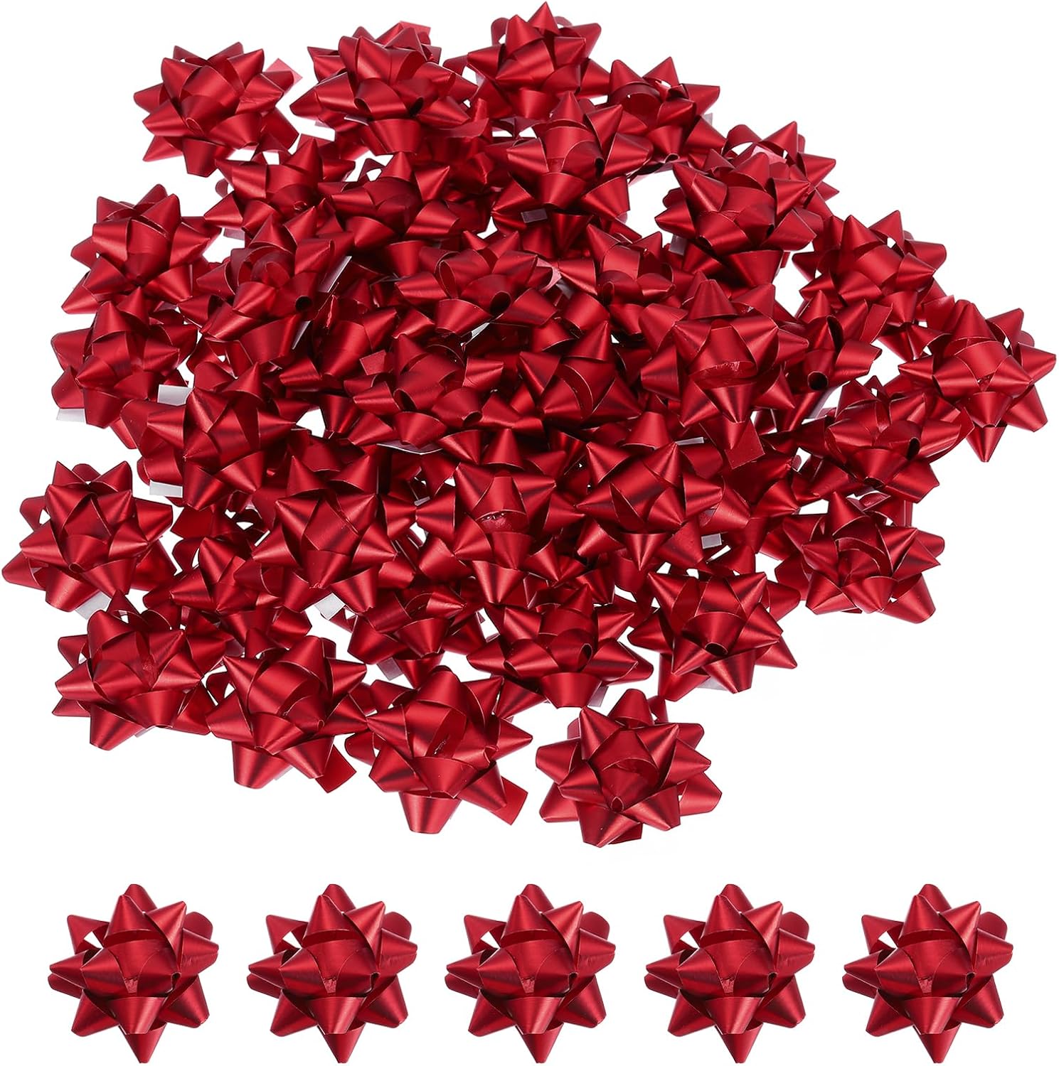 PATIKIL 1.5" Mini Star Gift Bows, 100Pcs Small Christmas Metallic Gift Wrapping Self-Adhesive Bows for Holiday Weddings Birthday Party, Matte Red