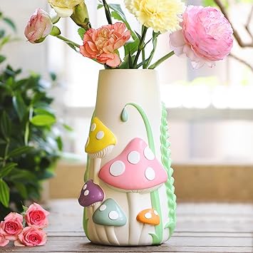 GUGUGO Pastel Mushrooms Vase for Flower, 8-Inch-Tall Rainbow Funky Mushroom Decor, Eclectic Vases for Flowers, Unique Colorful Decorative Vase, Cute Room Decor Aesthetic