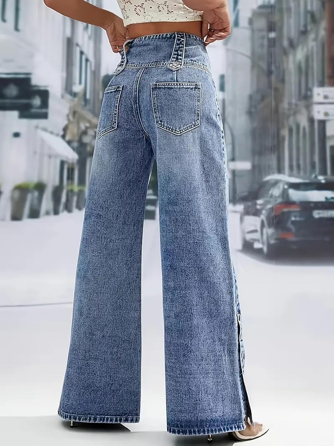 Wide Leg Jeans for Women Baggy High Waist Button Fly Stretch Jeans Side Slit Denim Pants