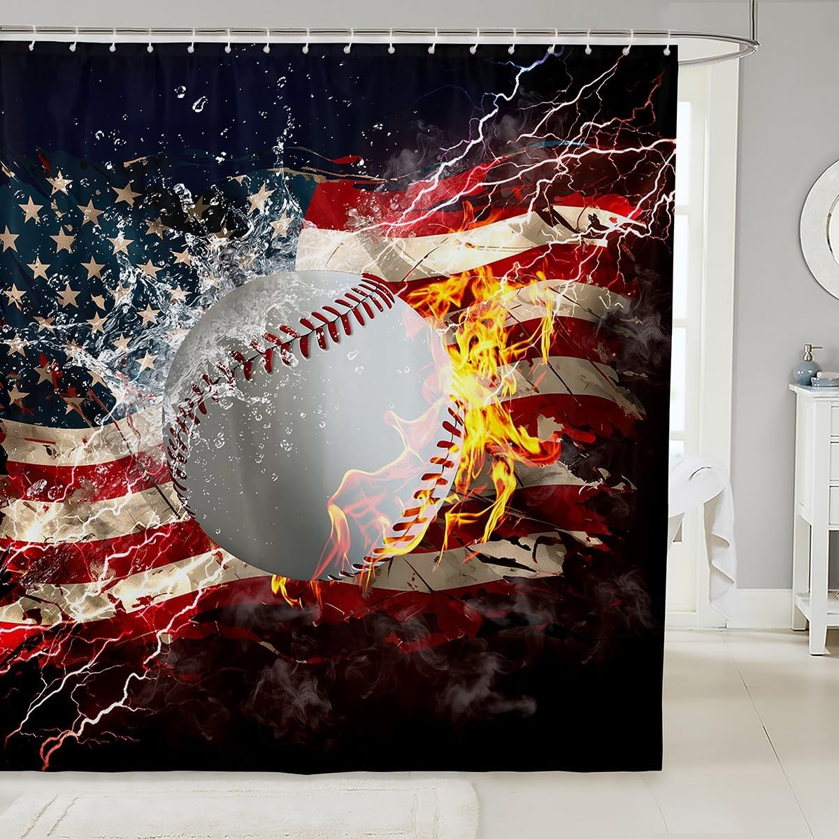 American Flag Bath Curtain, Boys Football Shower Curtain 72" W X 78" L, Soccer Sports Games Shower Stall Curtain United States Federations Stars Stripes Waterproof Fabric Bathroom Accessories