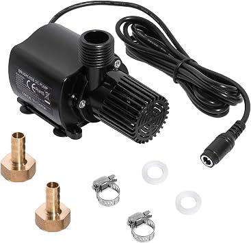 12V Submersible Water Pump, Adjustable Flow 210 GPH for Aquarium/Fountain/Hydroponics, Quiet DC Pump with Brass Nozzles, 14.8ft Max Lift, 5 Power Levels Black