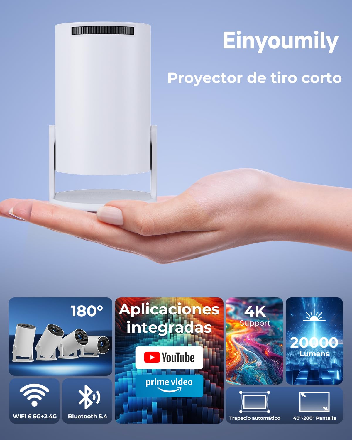 Proyector Portátil 4K Soporte, Apps Integradas & Auto Keystone, 2026 Mini Proyector 20000 Lúmenes con Android 14 WiFi 6 Bluetooth 5.4 Rotación 180° Compatible con HDMI/USB/TV Stick/Smartphone/Laptop