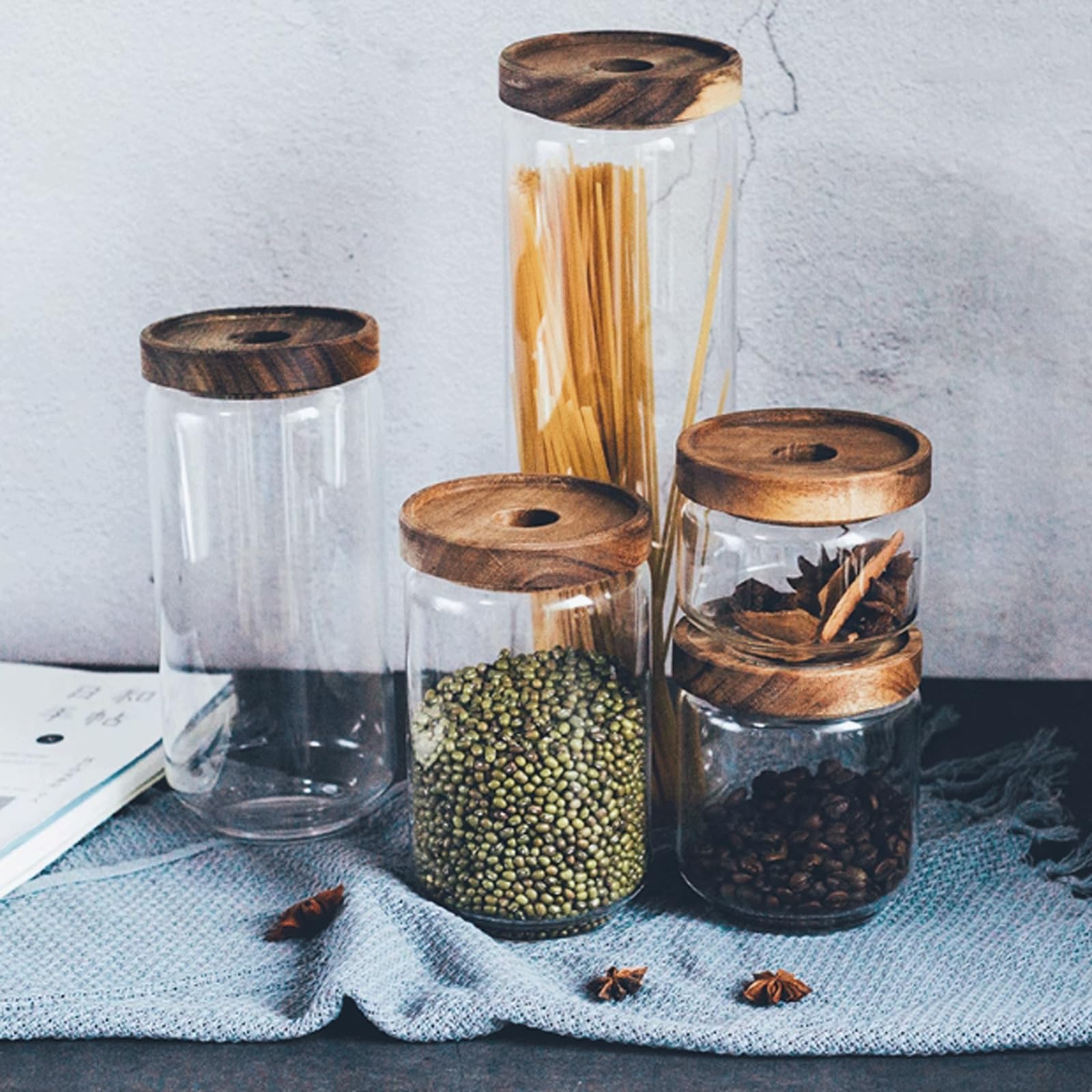 Barattolo di stoccaggio, barattolo di tè Contenitore di farina di vetro Contenitori for alimenti Barattolo di tè con coperchio in legno Contenitore for cereali Bottiglia sigillata for biscotti Baratto