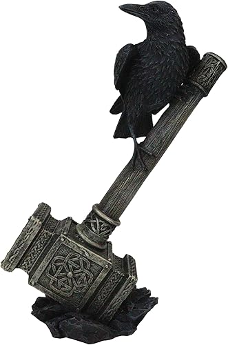Ebros Gift Huginn Muninn Odin Raven posado en el martillo de Thor Mjolnir con símbolo de runas y triple cuerno Skaldenmet Figura decorativa nórdica