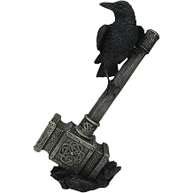 هدية Ebros Huginn Muninn Odin Raven Perching على Thor Hammer Mjolnir مع رمز Runes و Triple Horn Skaldenmet الزخرفية تمثال نورس إله النحت الجماعي الرعد
