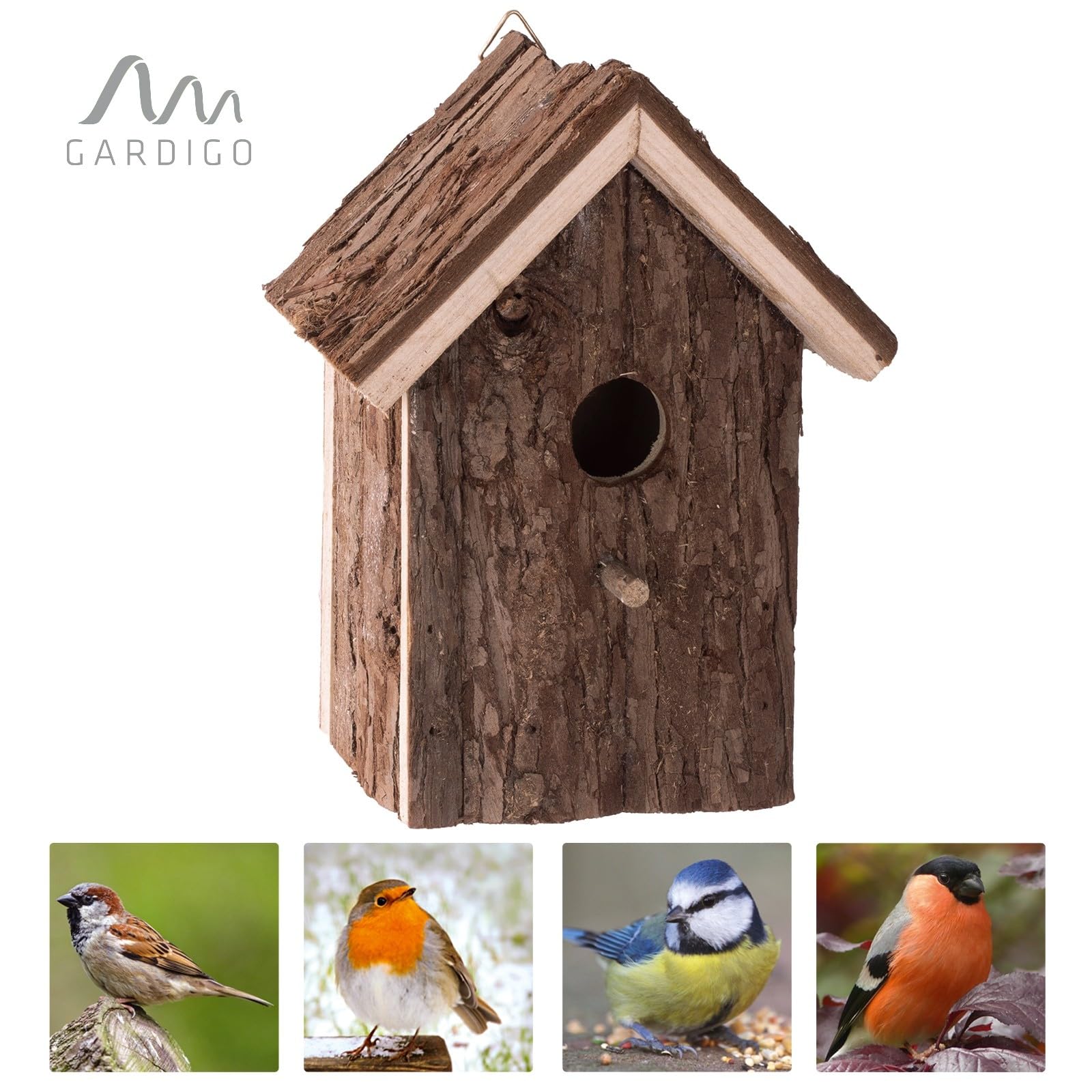 GARDIGO® Nichoir Mésange en Bois Naturel Écorce – Cabane Oiseaux Extérieur à Suspendre – Maison Oiseaux Jardin/Balcon– Abri Nidification Oiseaux Sauvages