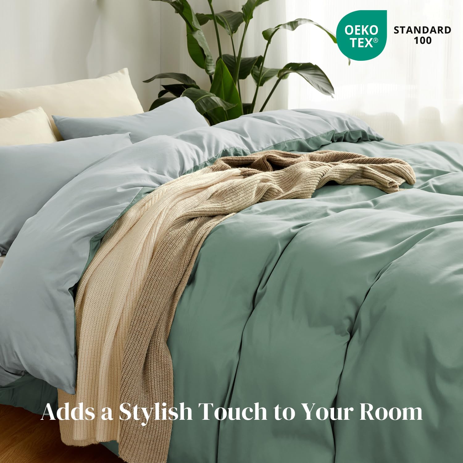 puredown 1PCS Copripiumino Matrimoniale 240x220cm+ 2PCS Federe in Microfibra 50x80cm, Set di Copripiumino Monocromatica per Letto Matrimoniale, Traspirante, Morbida, Oeko-Tex, Verde