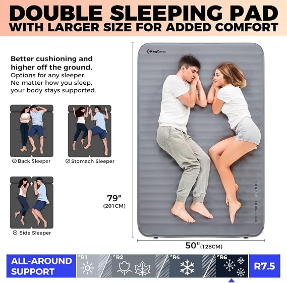 KingCamp Self Inflating Sleeping Pad for Camping Ultra Thick Double Single Foam Mattress High R Value Camping Air Pad Mat, Multi Colors & Sizes