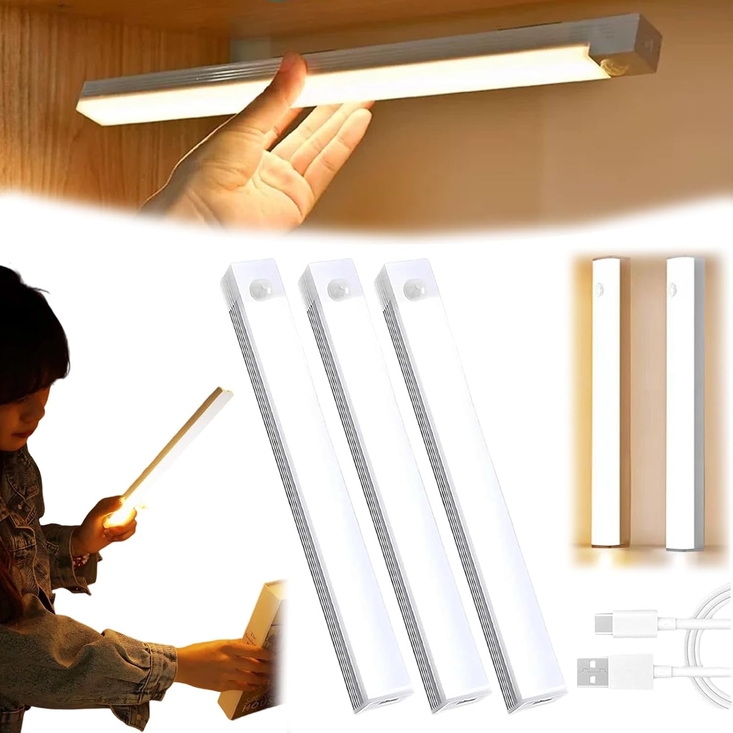 Punch-Free Smart Sensor Magnetic Rechargeable LED Lights, Adjustable LED Intelligent Human Long Motion Sensor Wireless Magnetic Light for Cupboard,Stairs,Wardrobe (White-1-3,7.9'')