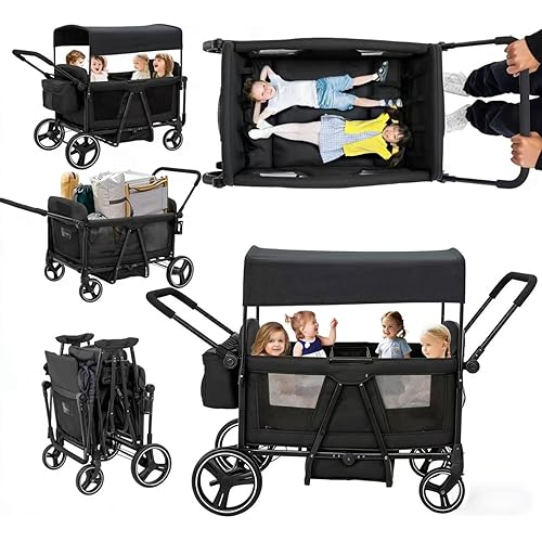 Voupou Wagon Stroller 4-Seat Baby Stroller for Newborn & Toddler, Foldable Tandem Stroller with Mom Bag, UV Canopy, All-Terrain Wheels, Snack Tray for Kids Beach, Park & Outdoor Adventures