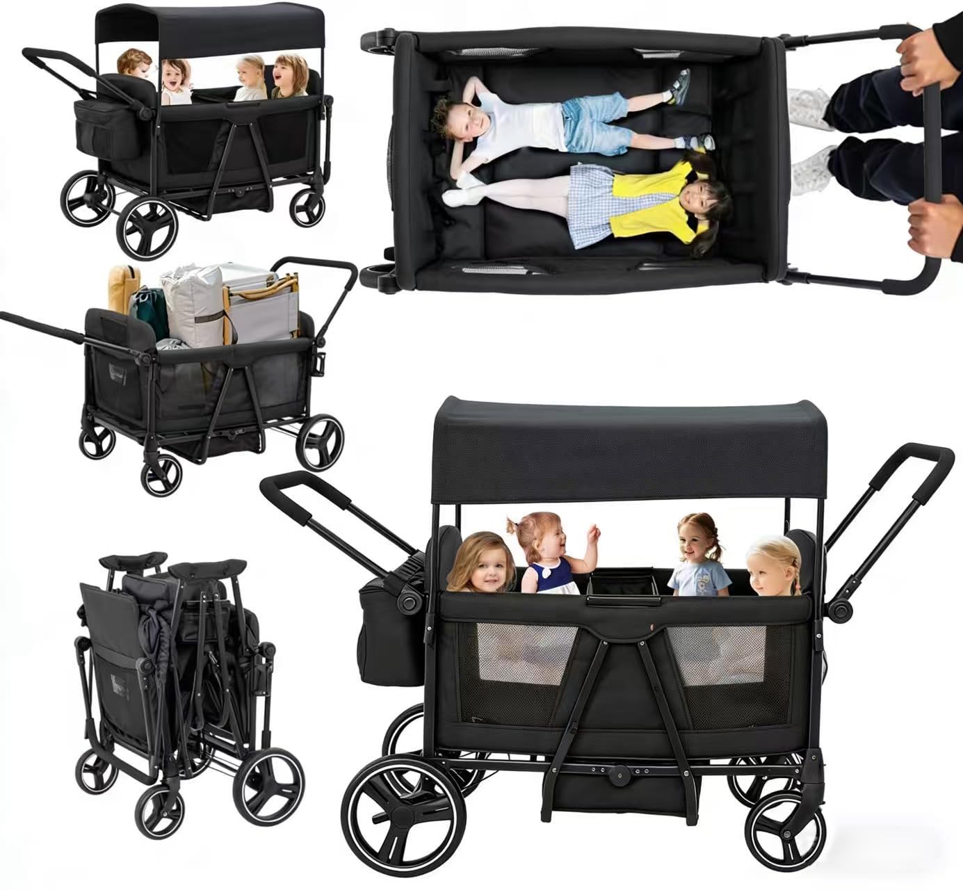 Voupou Wagon Stroller 4-Seat Baby Stroller for Newborn & Toddler, Foldable Tandem Stroller with Mom Bag, UV Canopy, All-Terrain Wheels, Snack Tray for Kids Beach, Park & Outdoor Adventures