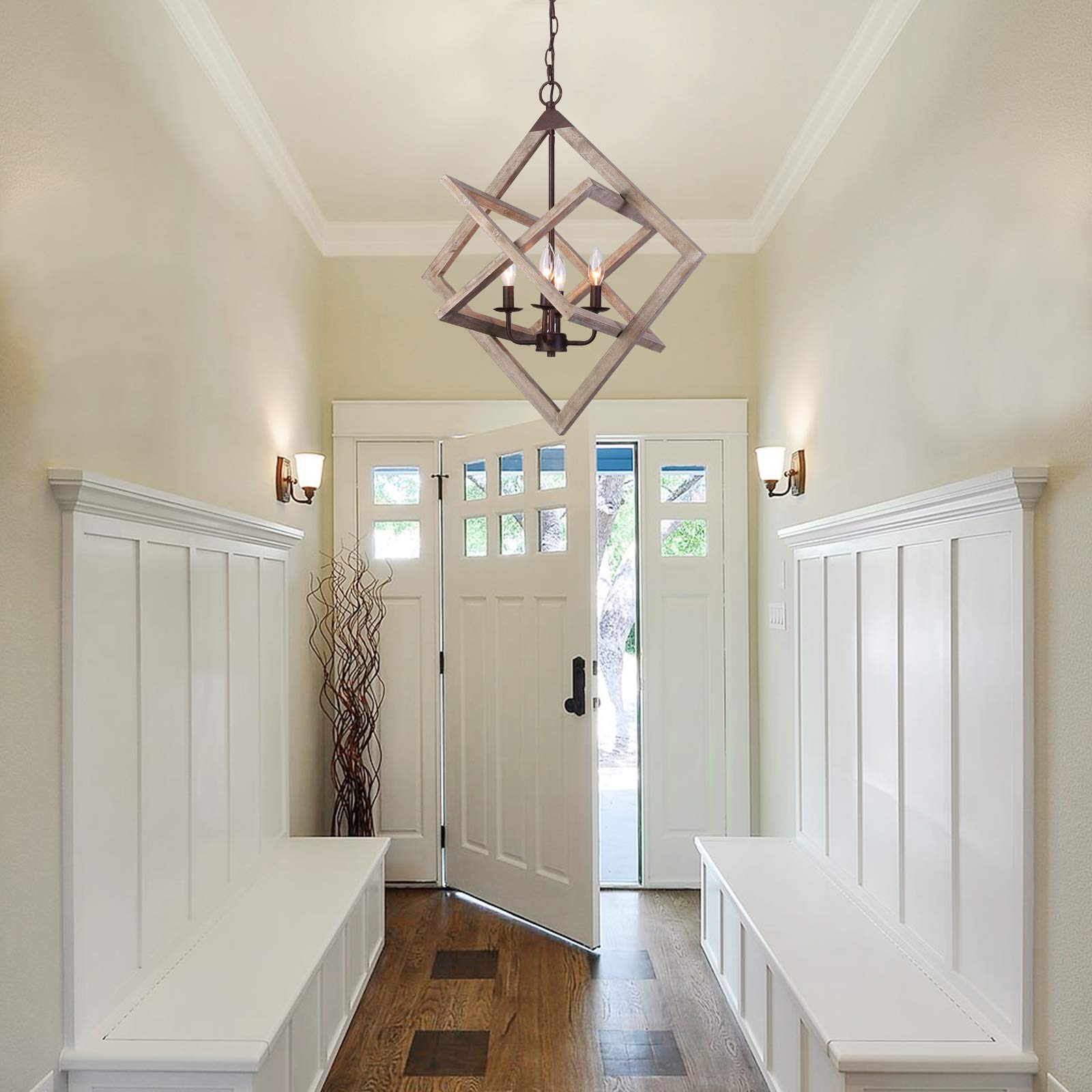 SEE NOTES KNWZVC P00087 Rustic Wood Farmhouse Chandelier Vintage Lantern Pendant