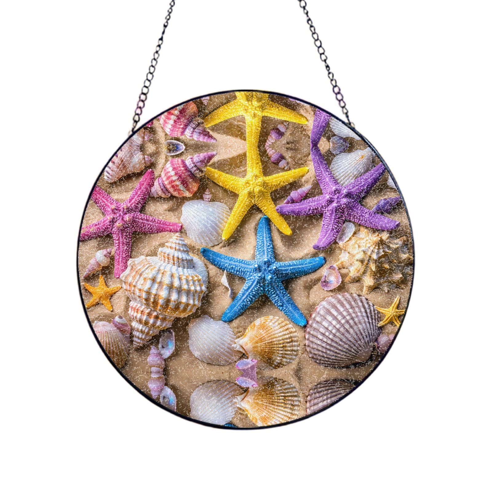 Phayah Beach Starfish Print Glass Window Hanging Round Suncatcher Glass Ornament Garden Wall Fence Decorations Indoor Outdoor 6in（15cm）