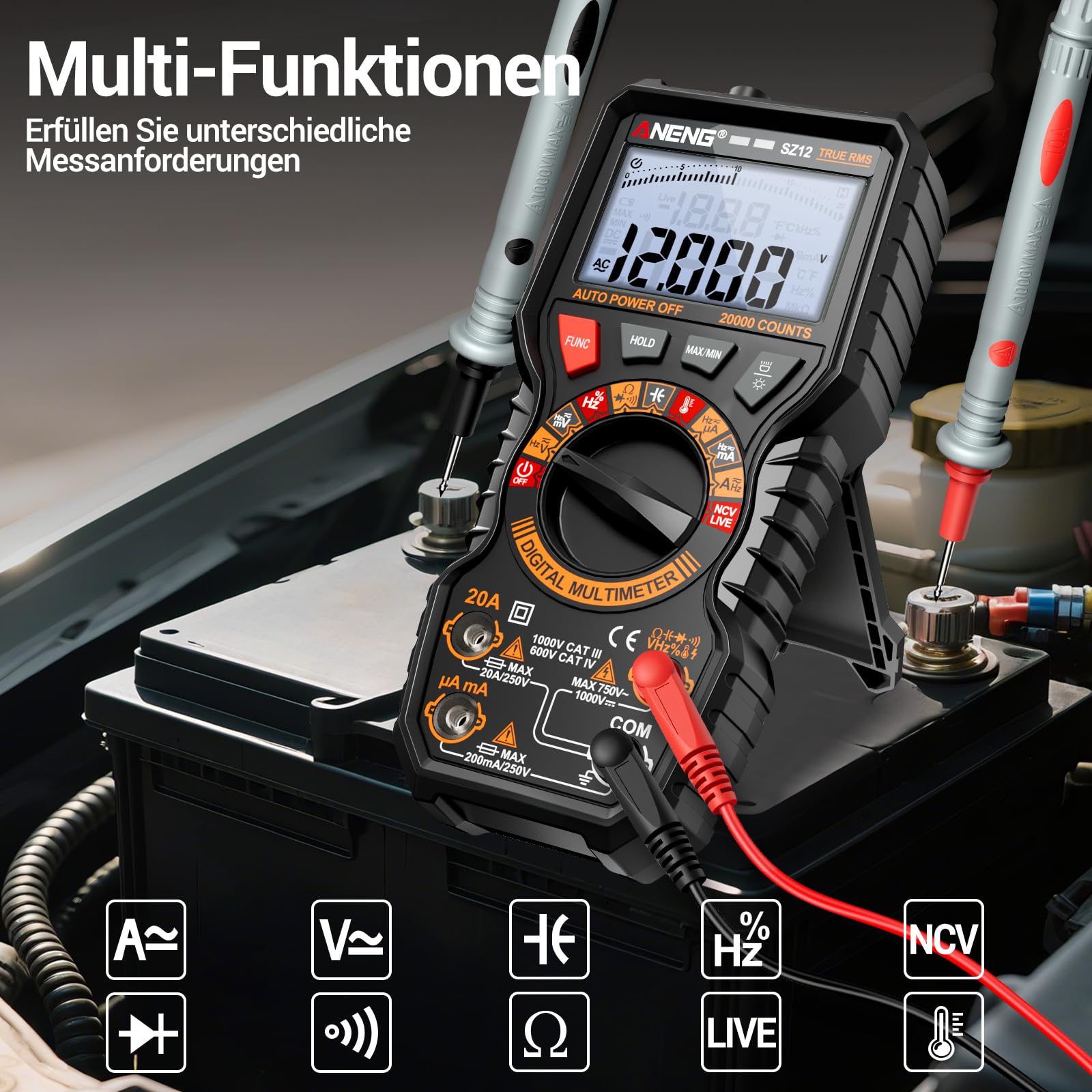 ANENG Multimeter, 20000 Counts TRMS Voltmeter, Max/Min,AC/DC,NCV für Kfz | Misst AC/DC-Spannung und -Strom, Widerstand, Kapazität und Dioden; großes LCD mit Hintergrundbeleuchtung,Magnethalterung