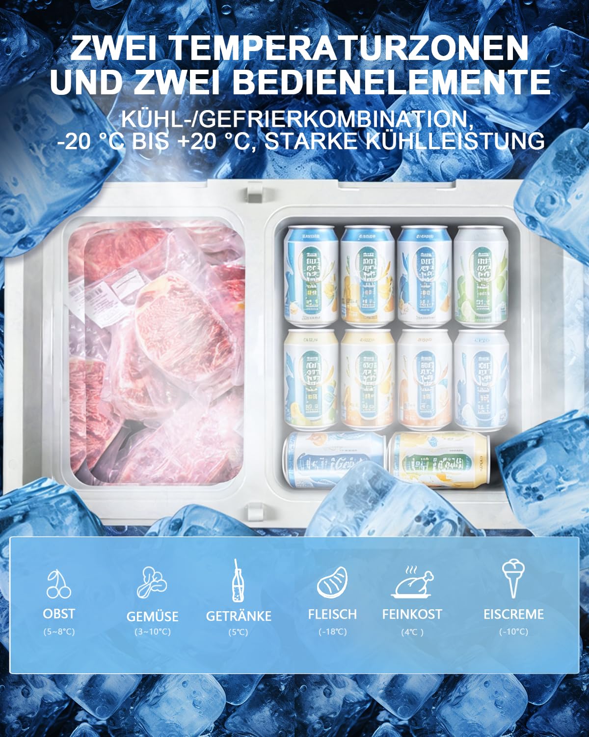 ELECAENTA Kompressor Kühlbox 40L, Tragbar Auto Kühlschrank Elektrisch -20°C bis 20°C, Dual Zone Unabhängige Kontrolle Gefrierfach APP-Steuerung für Lastwagen, Boot, Wohnmobile und Angeln