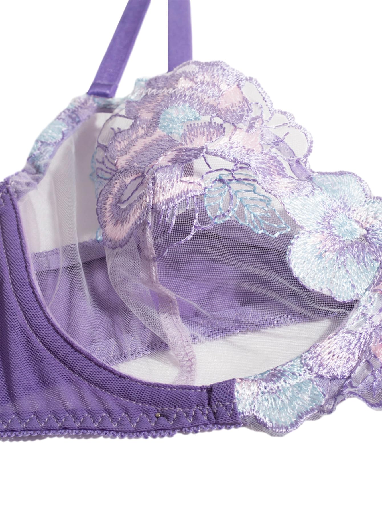 Lilosy Sexy Leaf Floral Embroidered Mesh Sheer Women Underwire Push Up Lingerie Set: X-Large Purple