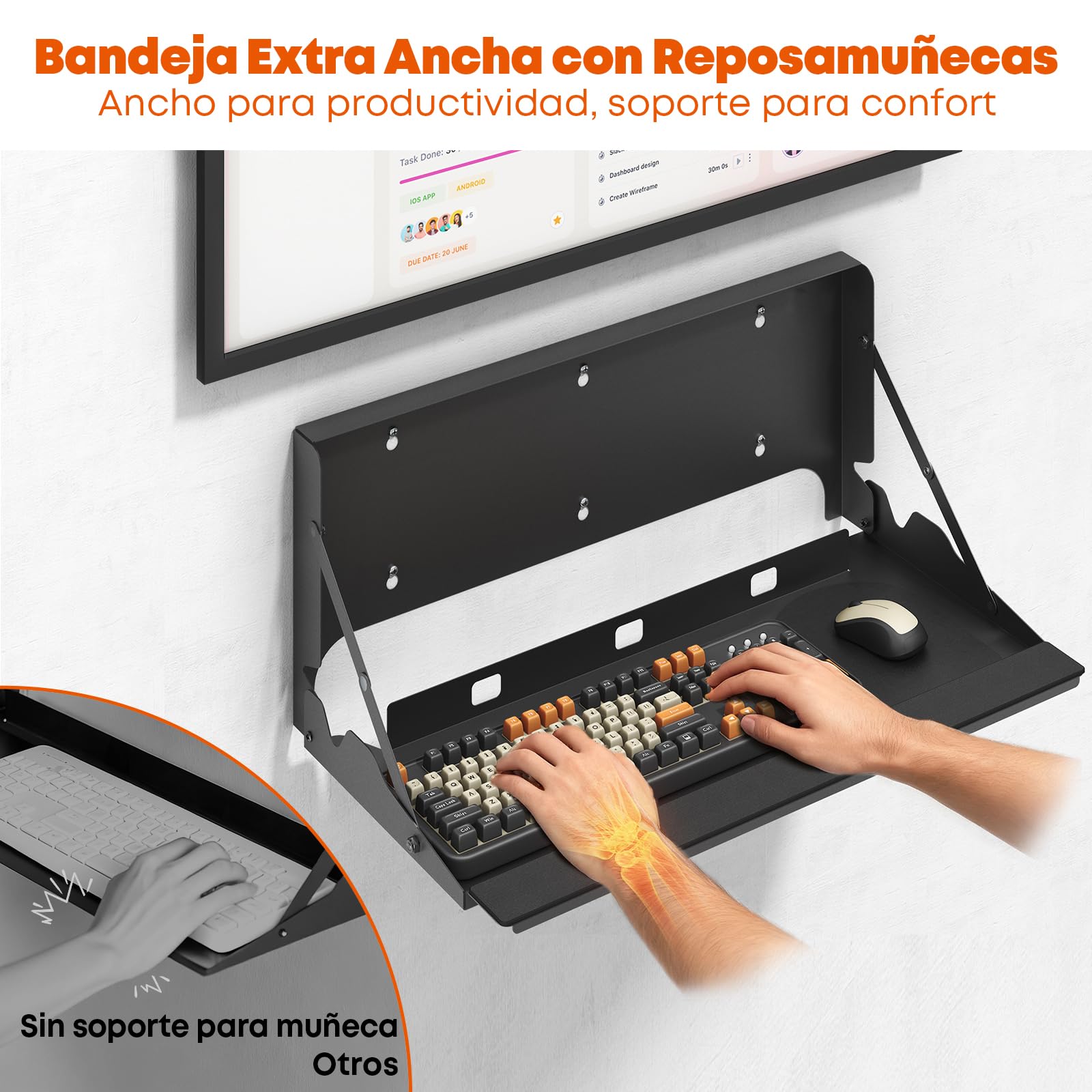 Plateau Clavier Escamotable Murale Ergonomique 61cm - Plateforme pour Clavier & Souris de Bureau et Maison, Capacité de Charge 10 kg, Noir