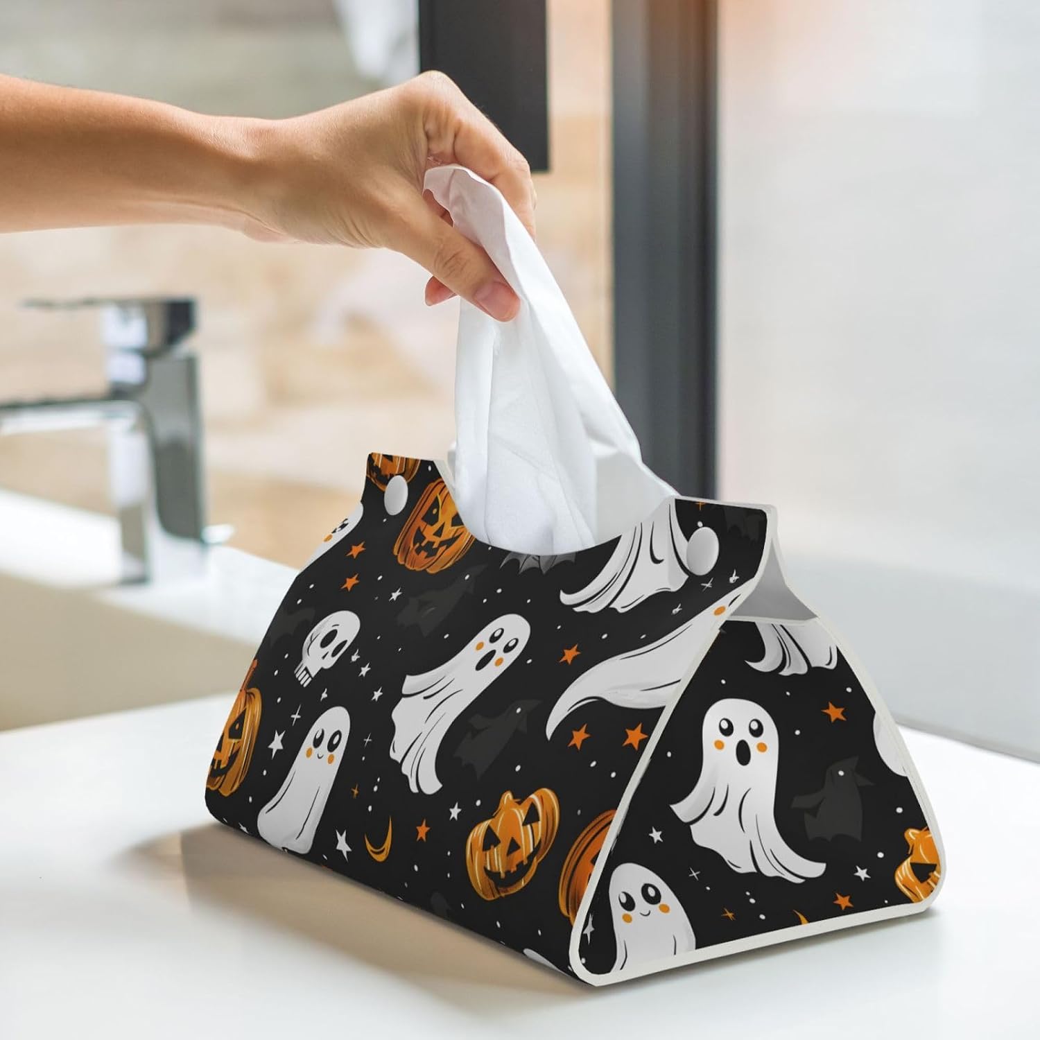 Halloween Cute Pumpkin Ghosts Rectangle Tissue Box Cover Rectangular Tissues Boxes Cover Decorative Tissue Case Paper Holder Organizer Long Leather Tissue Case Box Cover for Bedroom Dining Office Desk image 3