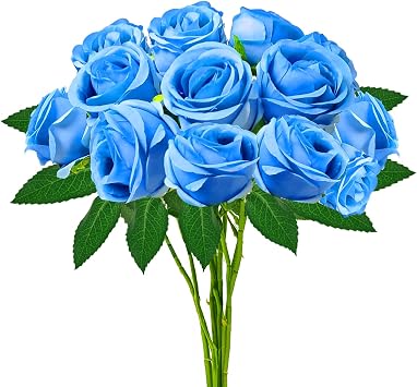hailanbao 24PCS Blue Artificial Roses with Long Stems, Realistic Faux Silk Roses Flowers for Home Decor, Wedding Party Table Centerpieces, DIY Floral Arrangements, Bulk Fake Flowers Bouquet
