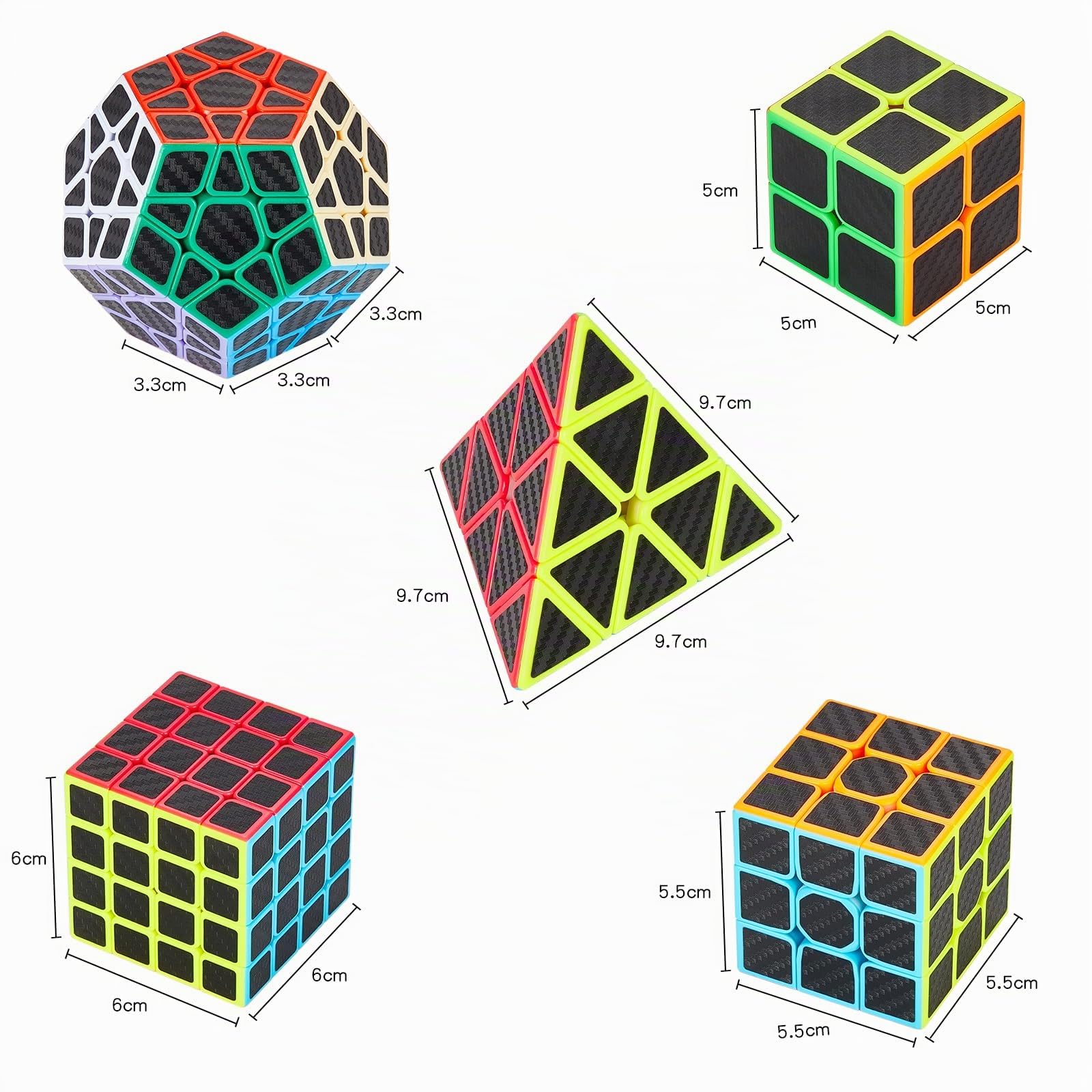 Coolzon Speed Cube Set de Pyraminx + Megaminx + 2x2 + 3x3 + 4x4 Magic Puzzle Cubes 5 Pack Cubo Mágico para Niño Adulto con Adhesivo de Carbono Fibra